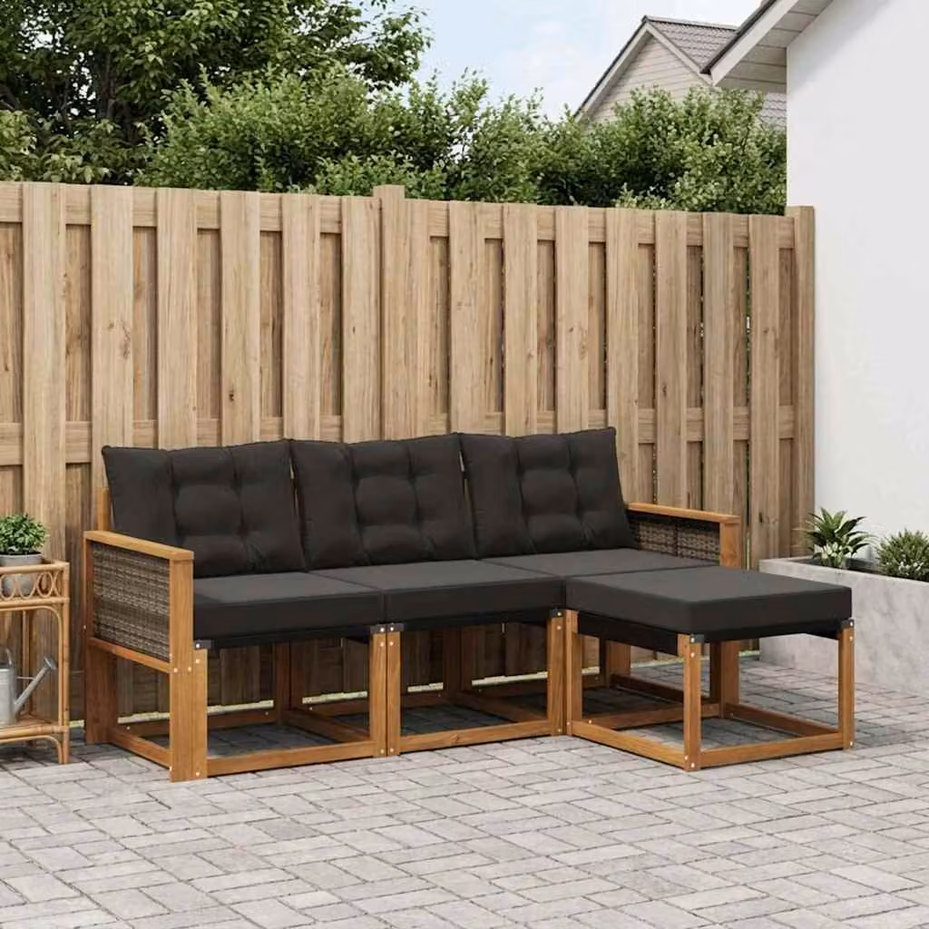 vidaXL Set di divani da esterno a L con pouf, in legno di acacia trattato e tessuto textilene, Marrone e Nero