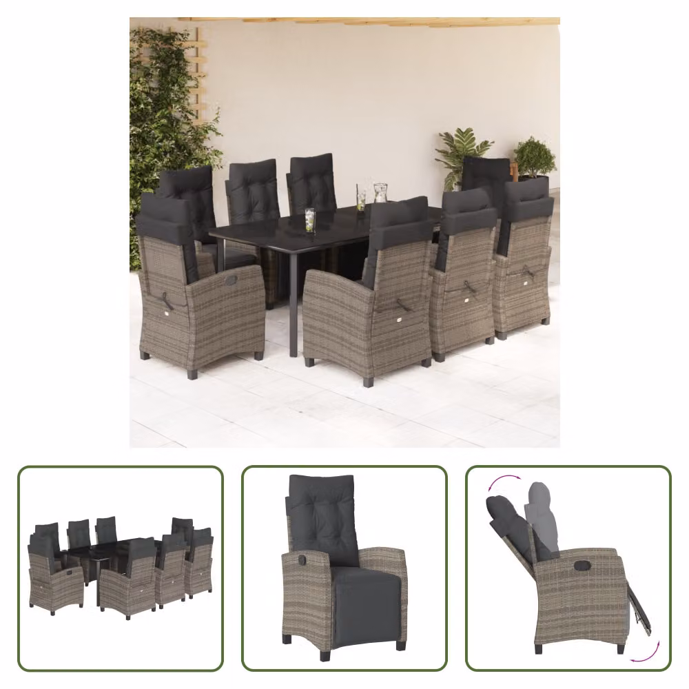 The Living Store Set da pranzo da giardino 9 pezzi con cuscini in poly rattan grigio