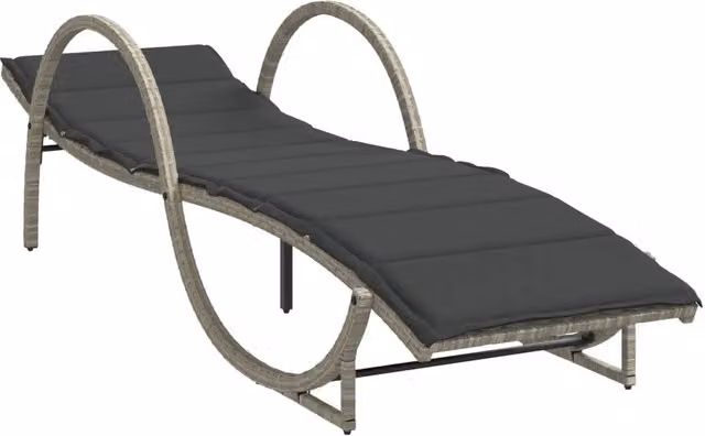 Lettino prendisole da giardino in polyrattan con cuscino grigio e poggiatesta regolabile L/P/H: 199 x 60 x 42 cm – 1
