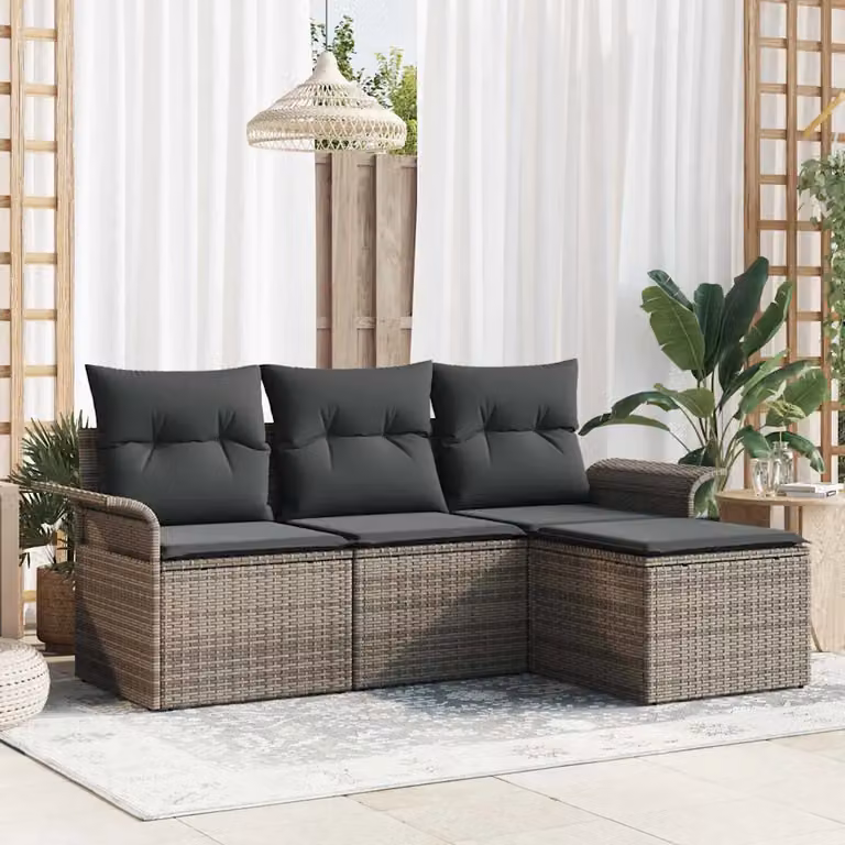 Set di divani da giardino vidaXL a 4 posti con cuscini in polyrattan e struttura in metallo Grigio