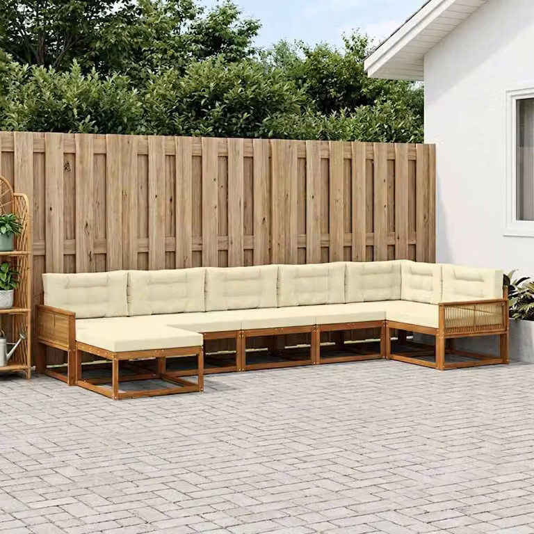 Set di divani da esterno vidaXL a forma di U in legno di acacia con cuscini, 7 pezzi, Beige e Bianco