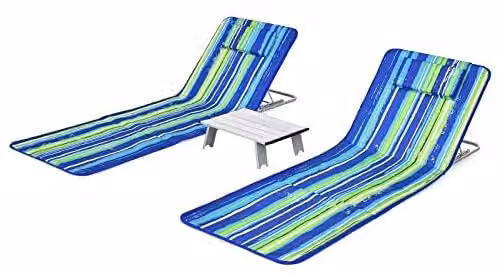 Set di due stuoie da spiaggia con tavolo, cuscino poggiatesta e schienale regolabile
