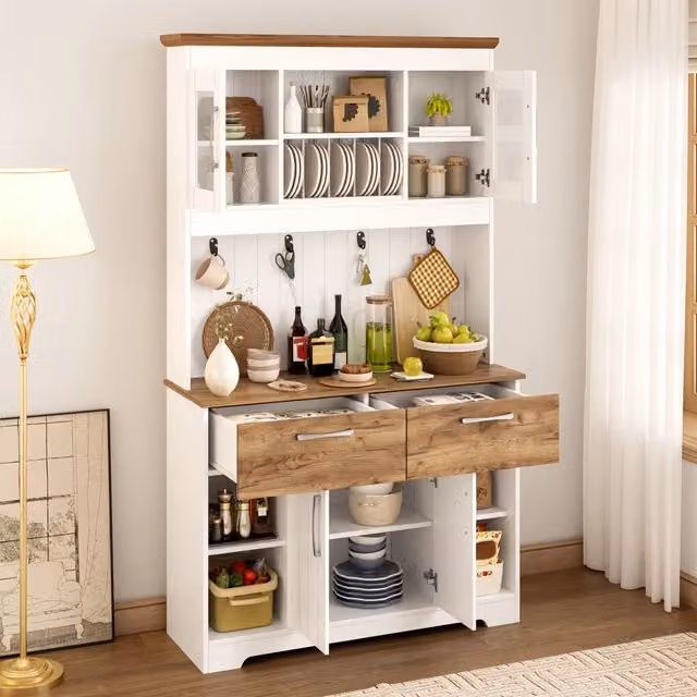 Credenza da cucina con vetrina due cassetti ganci in ferro nero in truciolare bianco e legno 106 × 39 × 176;5 cm
