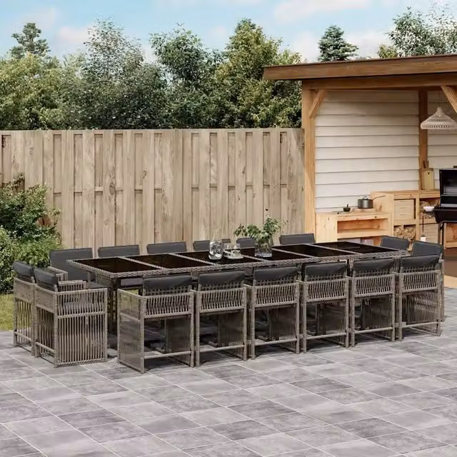 Set da pranzo da giardino vidaXL in polyrattan grigio con cuscini e tavolo in vetro, 17 pezzi
