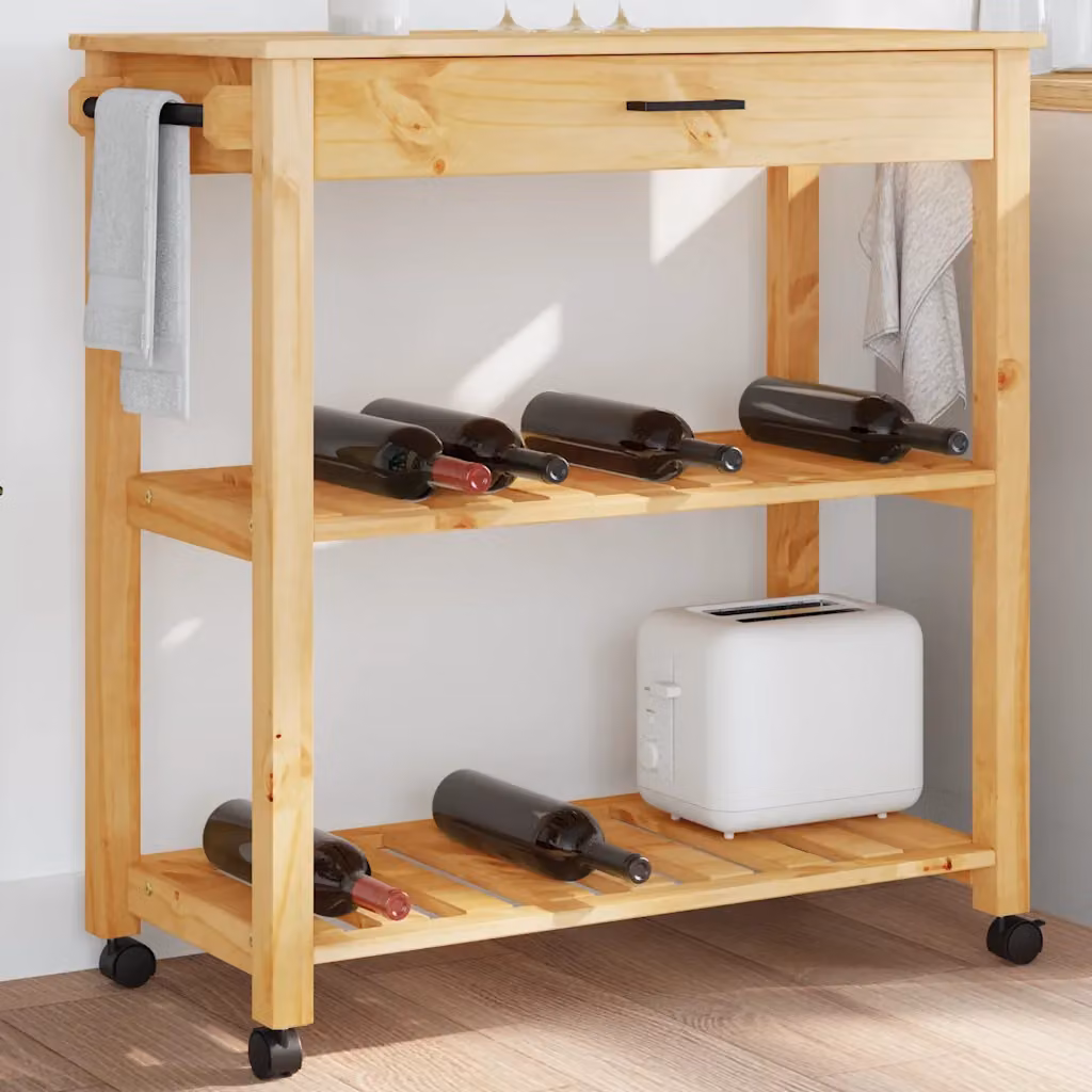 vidaXL Carrello da Cucina MONZA in Legno Massello di Pino Marrone, L 84 cm x P 40 cm x H 88,5 cm