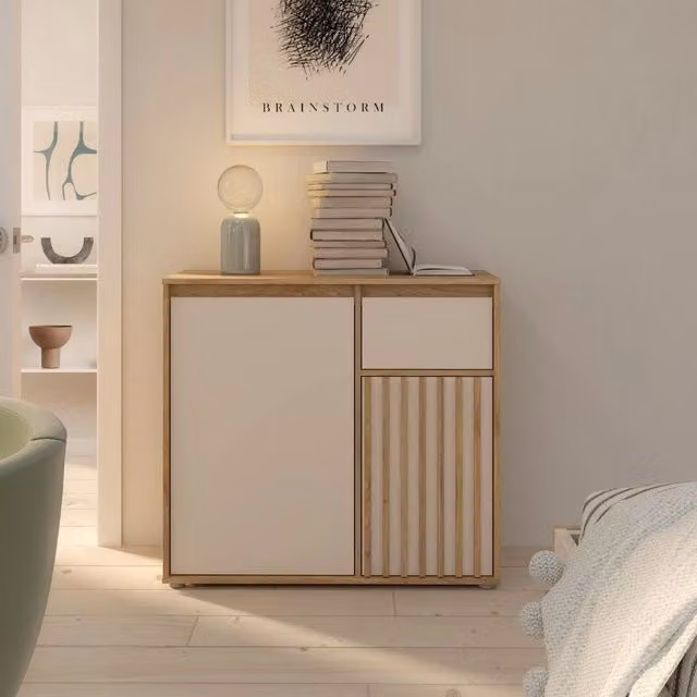 Mobile Multiuso Neutra Rovere e Cashmere con Anta Cannettata e Cassetto
