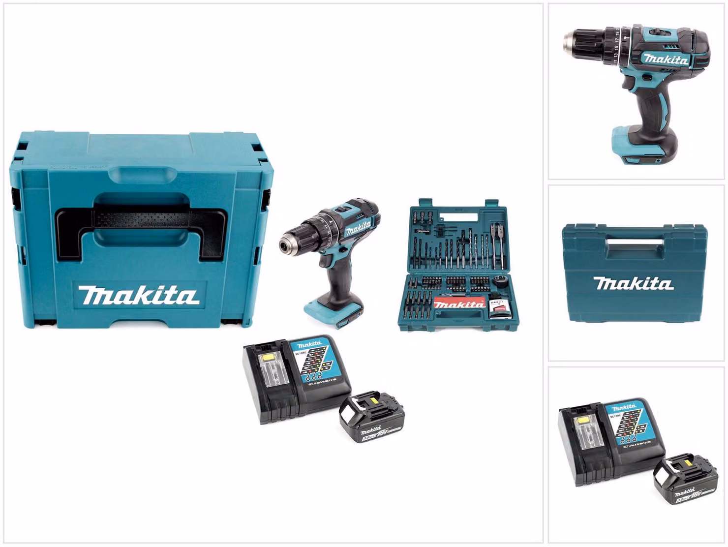 Makita DHP 482 RF1J Trapano avvitatore a percussione a batteria 18 V 62 Nm in Makpac + batteria da 3,0 Ah + caricabatteria + set di punte e trapani da 100 pezzi
