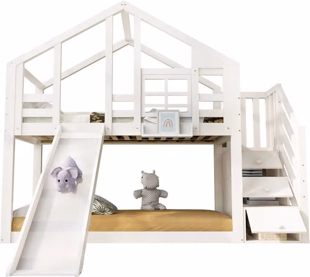 Letto a castello per bambini con scivolo, casetta e cassetti, 90 x 200 cm, bianco
