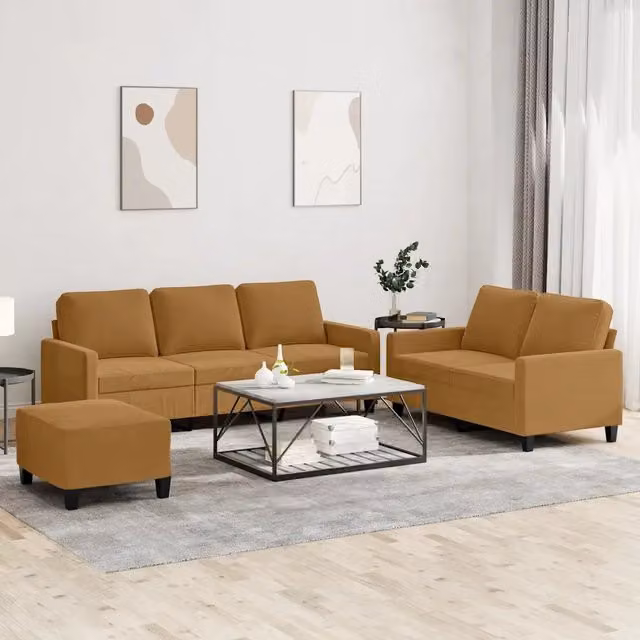 Set di divani moderno vidaXL in velluto marrone composto da divano a 3 posti, divano a 2 posti e pouf con cuscini inclusi – 1