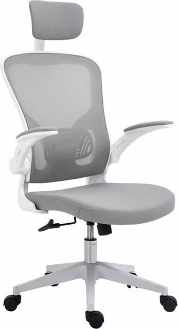 Sedia da ufficio ergonomica XYLO grigia con schienale alto, supporto lombare, poggiatesta e braccioli