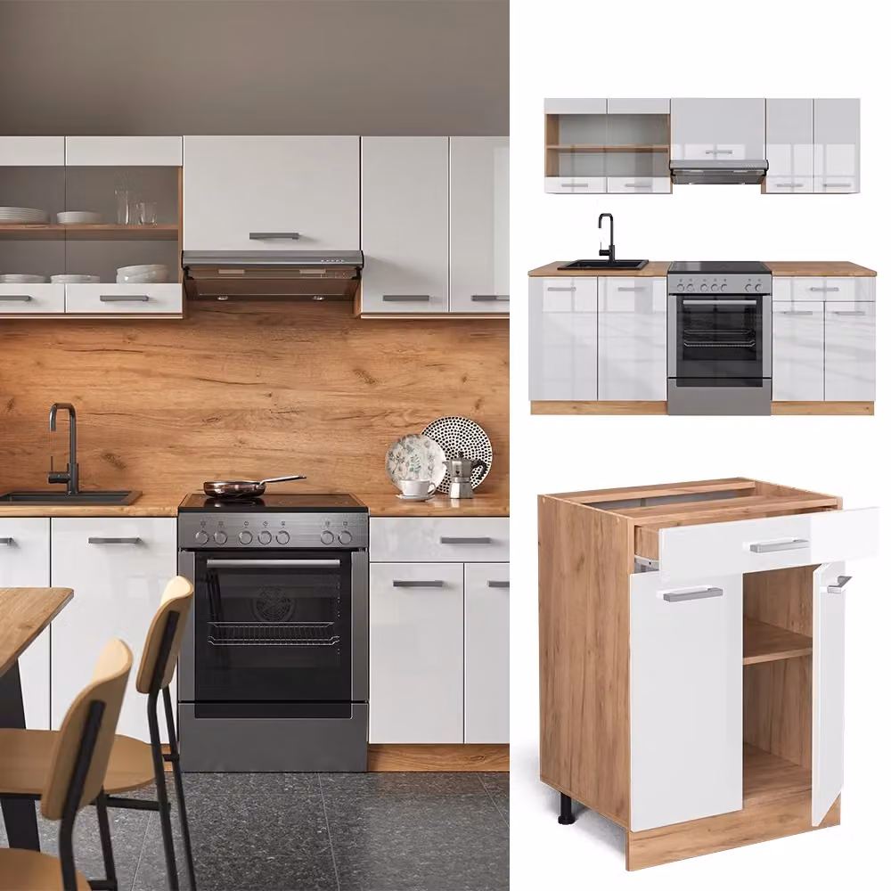 Cucina componibile moderna Vicco R-Line Bianco lucido e Rovere dorato, L: 200 cm – 2