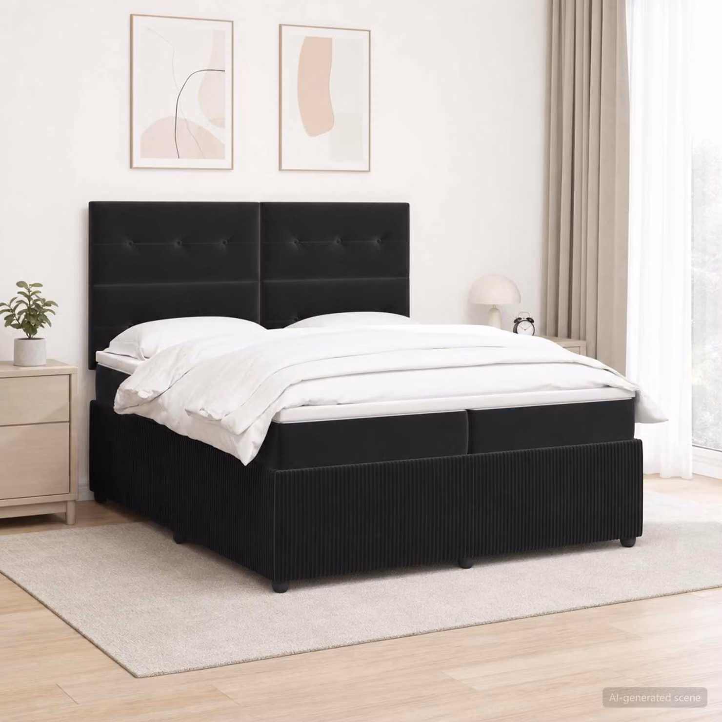 Letto Box Spring vidaXL in Velluto Nero con Materasso Ibrido e Illuminazione LED USB L/P: 200 x 200 cm