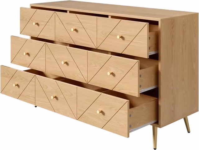 Comò Chicfurn moderno con 9 cassetti in MDF e metallo, colore beige, L 120 cm x P 39 cm x H 80 cm