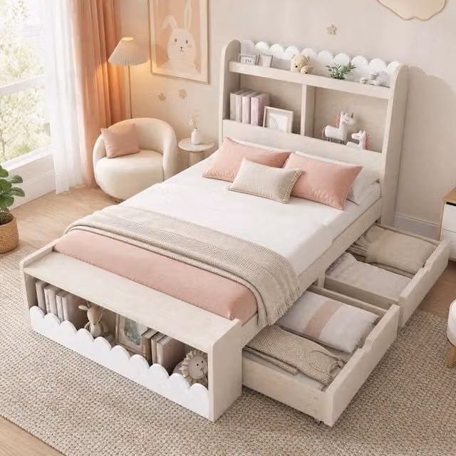 Letto singolo 90x190 cm con cassetti; ripiani e contenitore; in MDF e legno massiccio; bianco e rovere chiaro