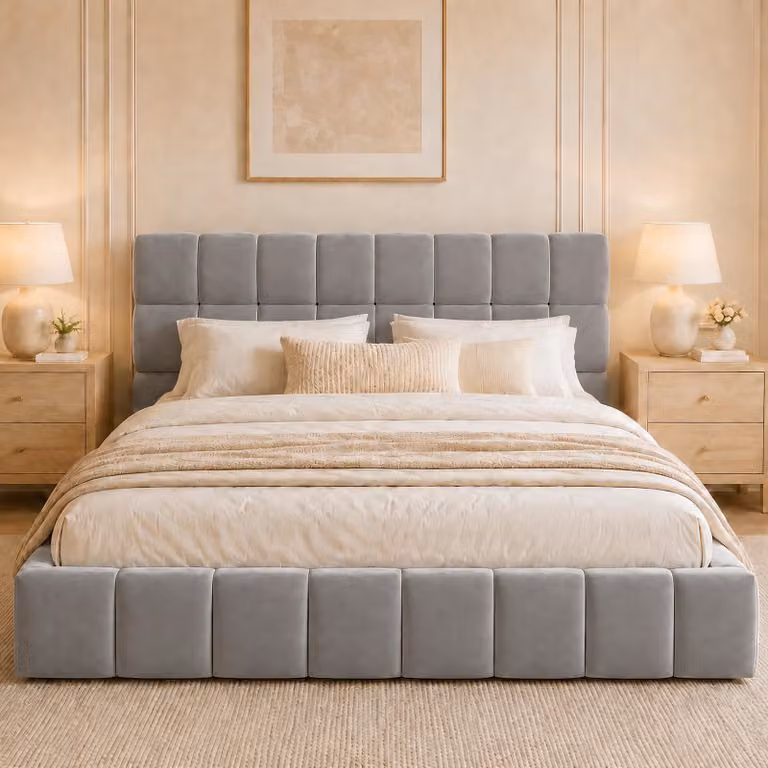 Letto matrimoniale MODFU 140 x 200 con materasso, letto imbottito con testiera e sponde imbottite, letto per ragazzi con materasso incassato e rete a doghe, grigio