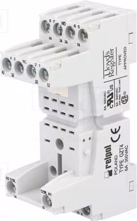 1x Base di montaggio: Connettore DIN: 14 poli, 6A, 250VAC, -40÷70°C, relè elettromagnetico GZT4