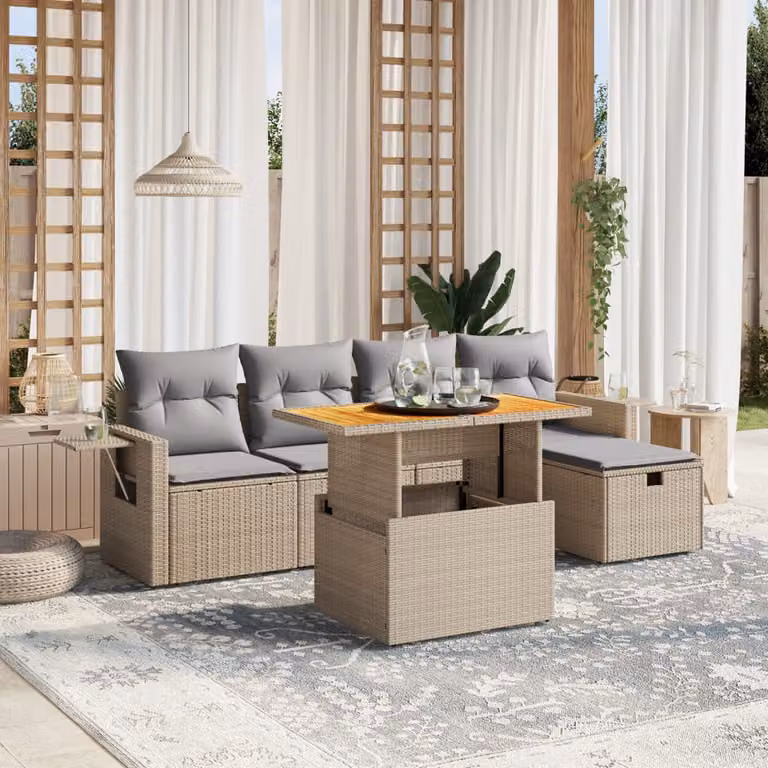 vidaXL Set Divano da Giardino 6 pz a L in Polyrattan con Cuscini Beige e Tavolino da Esterno