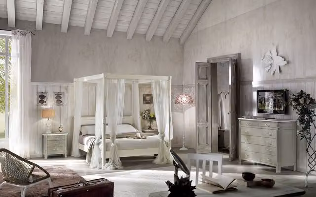 Set camera matrimoniale shabby chic in legno di pino laccato Mobili 2G con letto a baldacchino, comodino e cassettiera, disponibile in bianco, grigio o verde, dimensioni letto: 160 x 200 cm