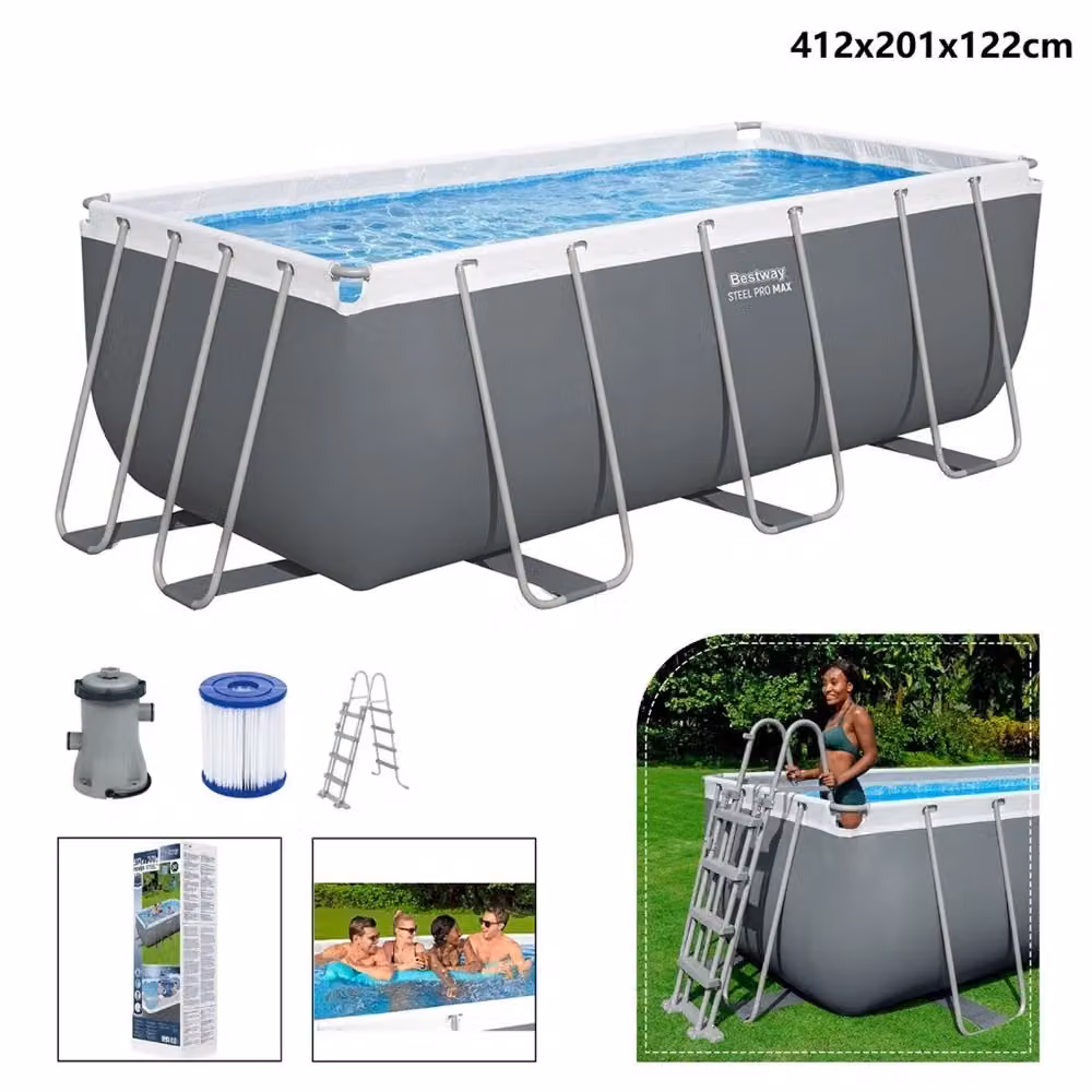 Piscina rettangolare fuori terra Trade Shop Steel Pro Max con struttura in acciaio e pompa filtro, colore grigio, L 412 x P 201 x H 122 cm – 2