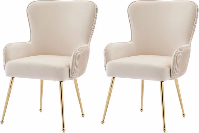 Set di 2 Sedie da Pranzo in Velluto Beige con Gambe Metalliche Dorate Regolabili e Braccioli