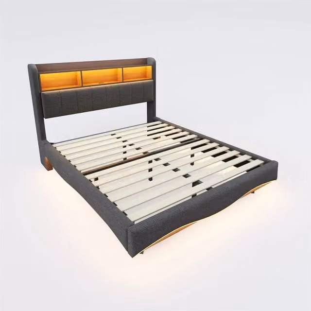 Letto matrimoniale imbottito Chicfurn grigio con illuminazione LED, porte USB e Type-C e ripiani nella testiera, L/P: 160 x 200 cm