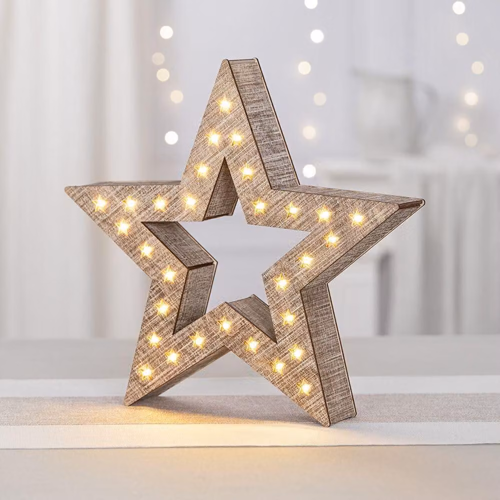 Stella decorativa in legno con luci LED, 30 LED a luce calda, dimensioni 30x29,5x5,3 cm, stile vintage