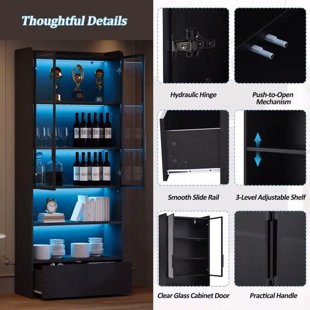 Mobile Vetrina con Cassetto e Ante in Vetro e LED ¨C Minimal ¨C Nero 80x34x180cm