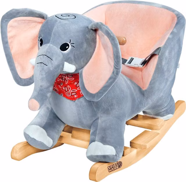 Dondolo Elefante Deuba con motore e cintura di sicurezza in legno e tessuto, colore grigio