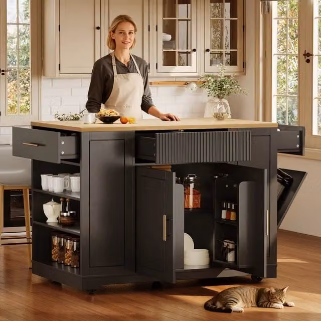 Isola da cucina mobile con ruote - Zephmum- 120x50x92 cm- Con scomparto per bidone della spazzatura, 2 ante e 3 cassetti