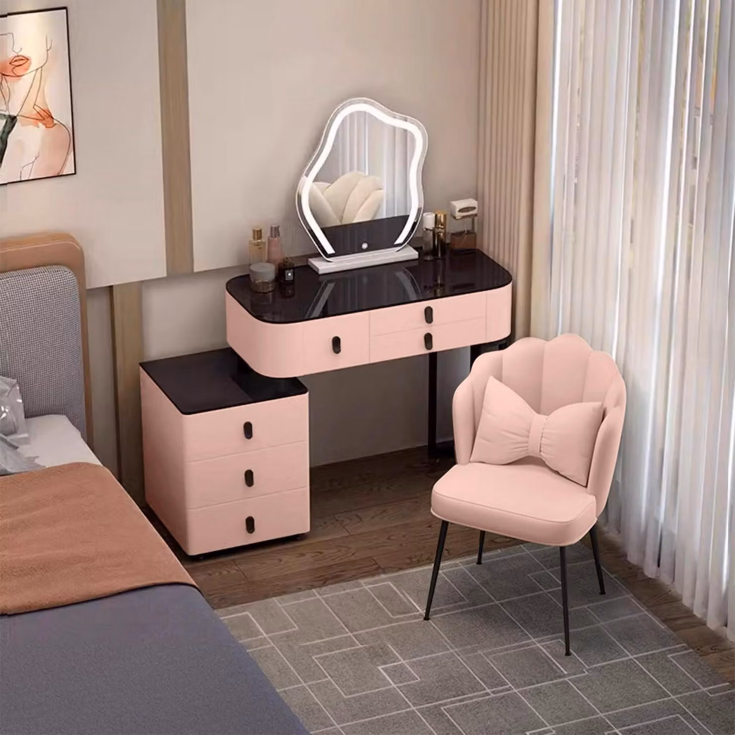 Comò da trucco con specchio a LED e poltrona in velluto, 80 cm, colore rosa
