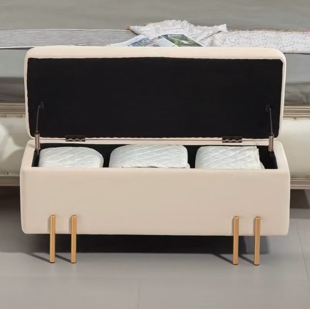 Panca contenitore imbottita MODFU in tessuto beige con struttura in legno e metallo L: 100 cm, P: 40 cm, H: 42 cm – 1