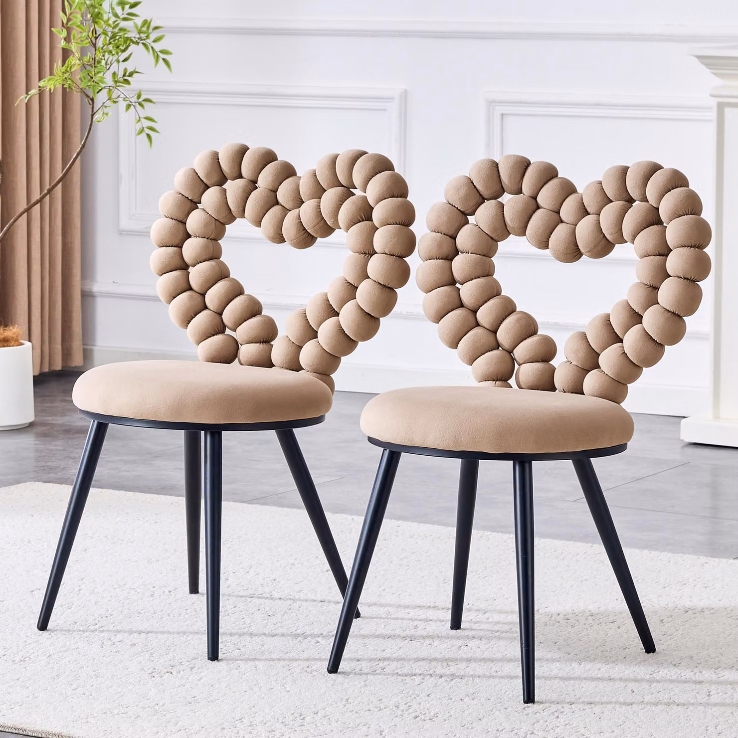 MODFU, set di 2 sedie da pranzo, sedia da cucina in velluto, poltrona relax con schienale a rete e gambe in metallo verniciato, ideale per la sala da pranzo, color cammello
