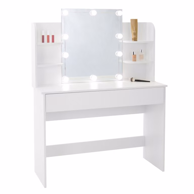 ECD Germany Tavolo da toilette bianco con illuminazione a LED, specchio, cassetto, scomparti, 108x40x140 cm, tavolo cosmetico in legno MDF