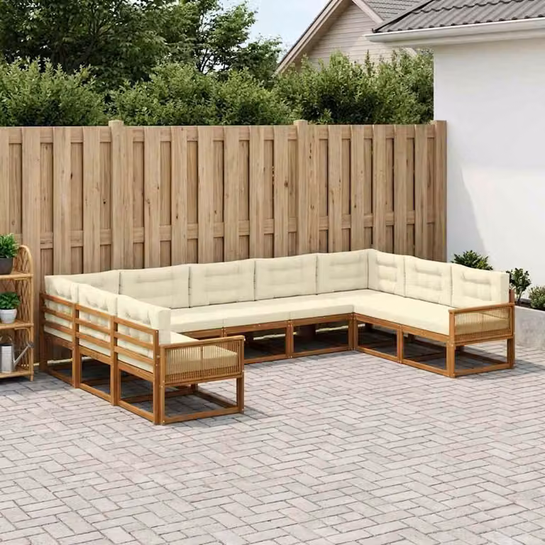 vidaXL Set di divani da esterno a forma di U composto da 9 pezzi in legno di acacia con cuscini in beige, bianco e marrone