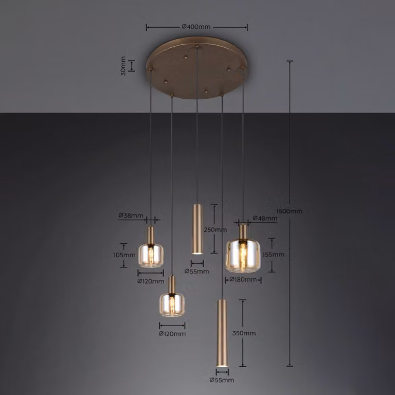 Trio Lighting Lampada a sospensione in vetro Mataro, dimmerabile, Crema / Ambra, Soggiorno / Sala da pranzo, Vetro, Moderno, Lampada a sospensione