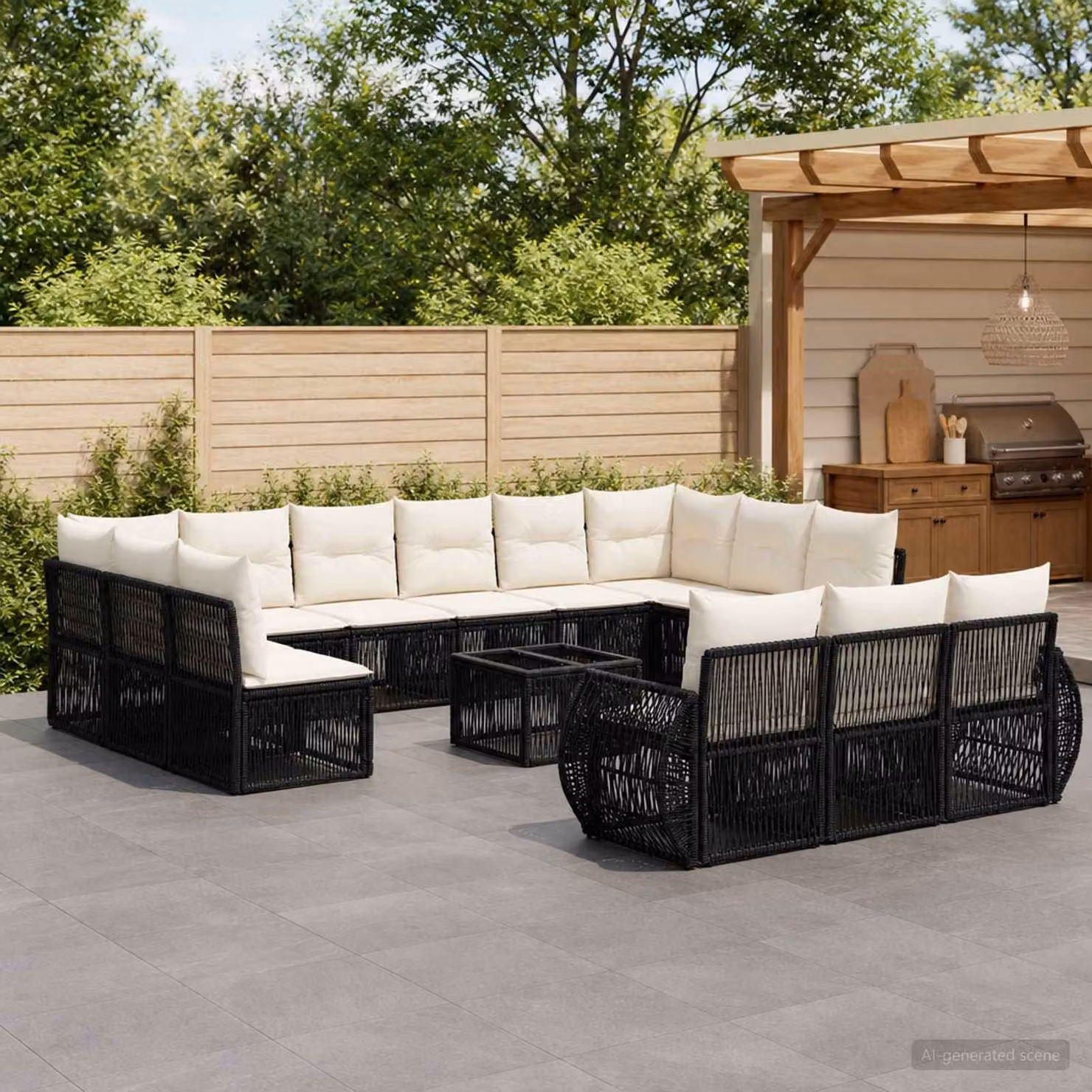 Set Divano da Giardino vidaXL 14 Pezzi a Forma di U in Polyrattan Nero e Bianco Crema con Tavolino e Cuscini Imbottiti
