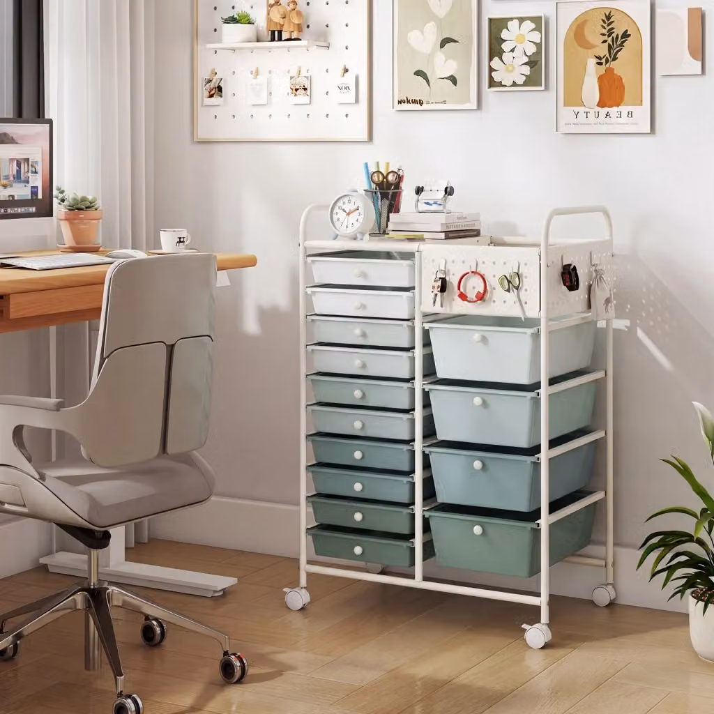 Carrello portaoggetti Design In con 14 cassetti rimovibili, piano in metallo e pannelli forati salvaspazio, Verde – 2