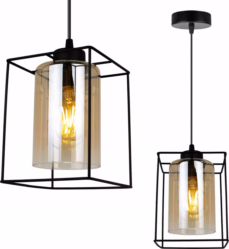 Hella Cage - Lampada da soffitto per soggiorno, camera da letto e sala da pranzo - Lampada a sospensione in metallo e vetro - E27 - Miele - 1 lampadina - Lungo