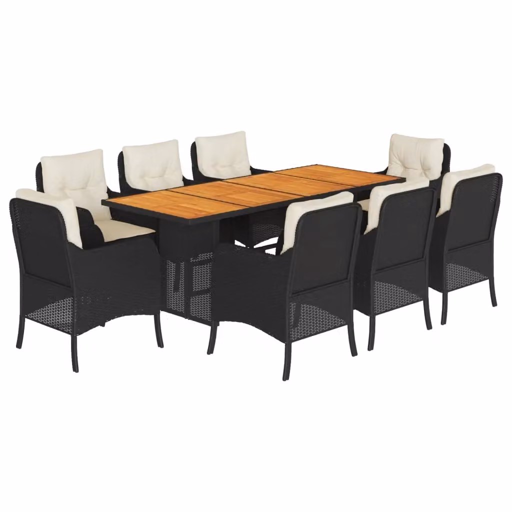 Set da pranzo da giardino vidaXL in polyrattan nero con cuscini e legno di acacia, 9 pezzi – 2