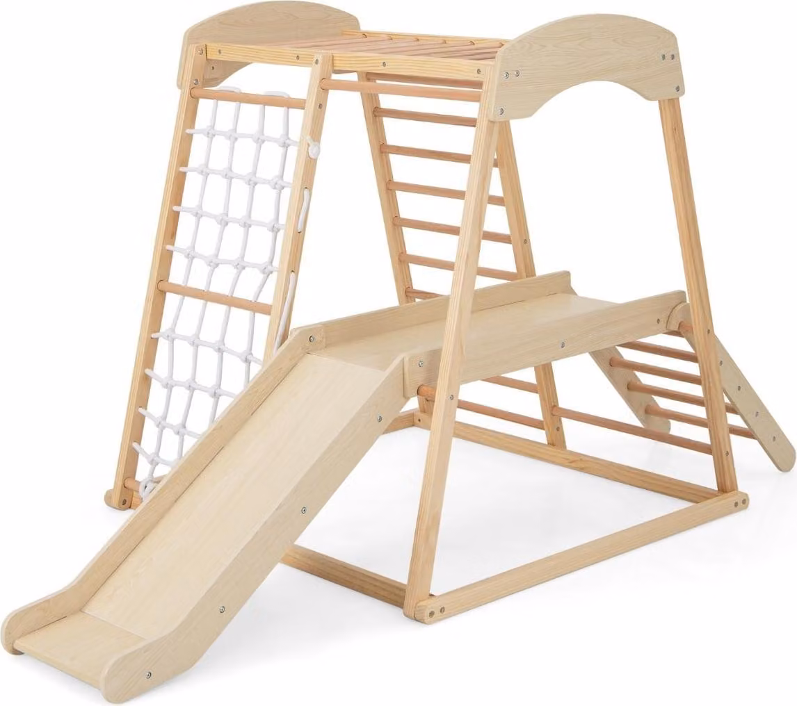 Set da arrampicata in legno per interni con scivolo, scala, rete