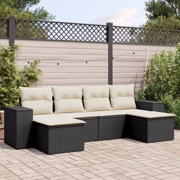 Set Divano da Giardino a L vidaXL 6 pz con Cuscini Nero in Polyrattan e Struttura in Acciaio