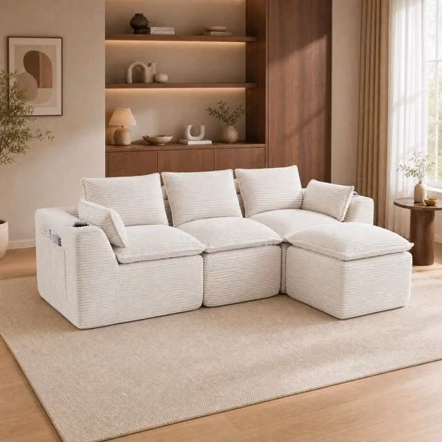 Divano modulare a 3 posti con pouf; tasche laterali; in corduroy beige 256x161x75 cm