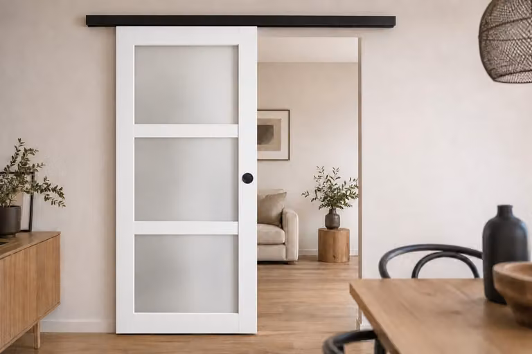 Porta scorrevole Kenya bianca con vetro H204 x L73 cm, binario in alluminio con banda nera, conchiglie nere GD MENUISERIES