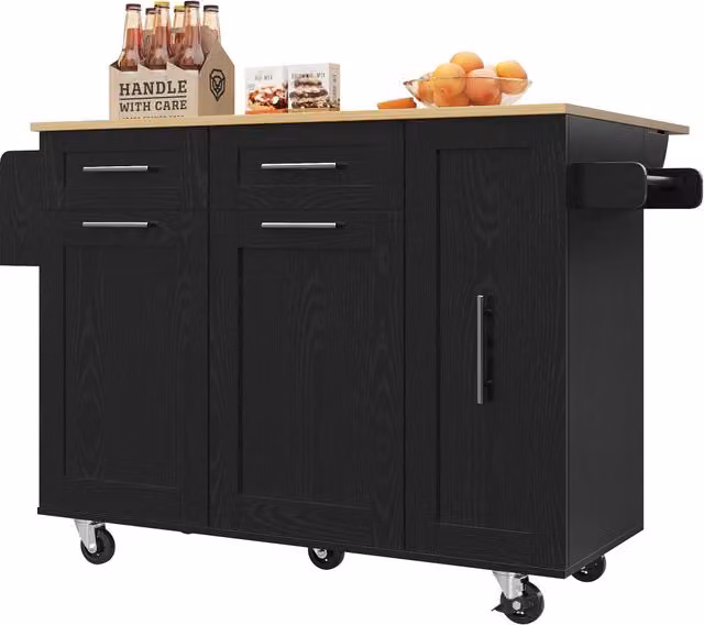Carrello da cucina Chicfurn con piano ribaltabile e vani contenitivi estensibili, nero opaco, L/P/H: 75 x 50,95 x 90,5 cm