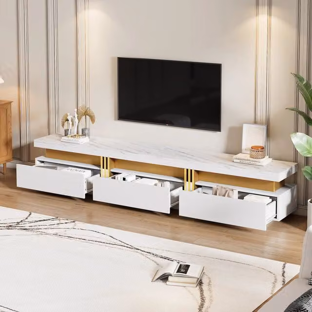 Mobile TV Mivray con tre cassetti e passacavo per televisori fino a 90 pollici, effetto marmo bianco, L 200 cm x P 40 cm x H 42 cm