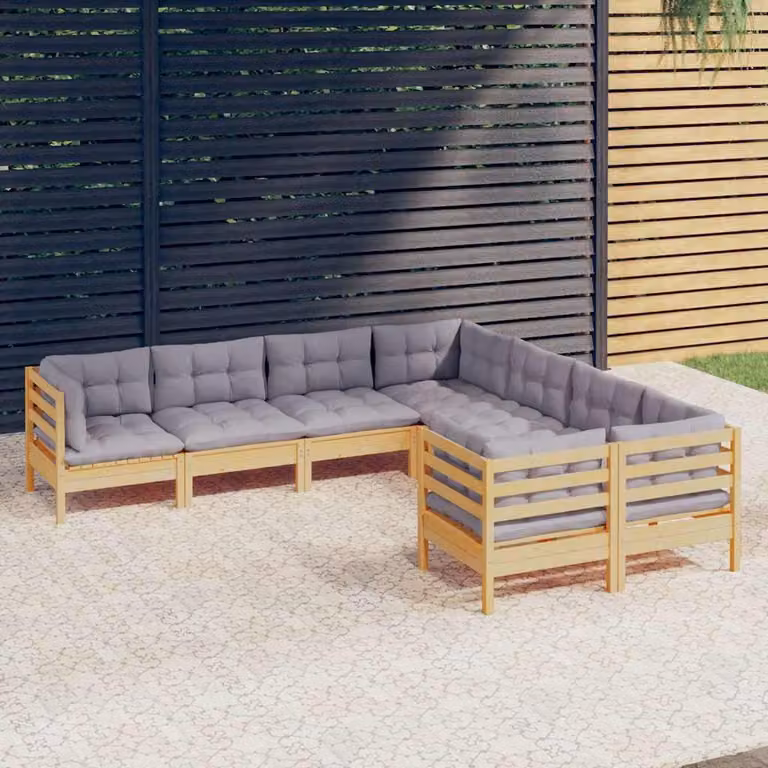 Set di divani da giardino vidaXL a forma di L composto da 8 pezzi in legno massello di pino con cuscini grigi imbottiti