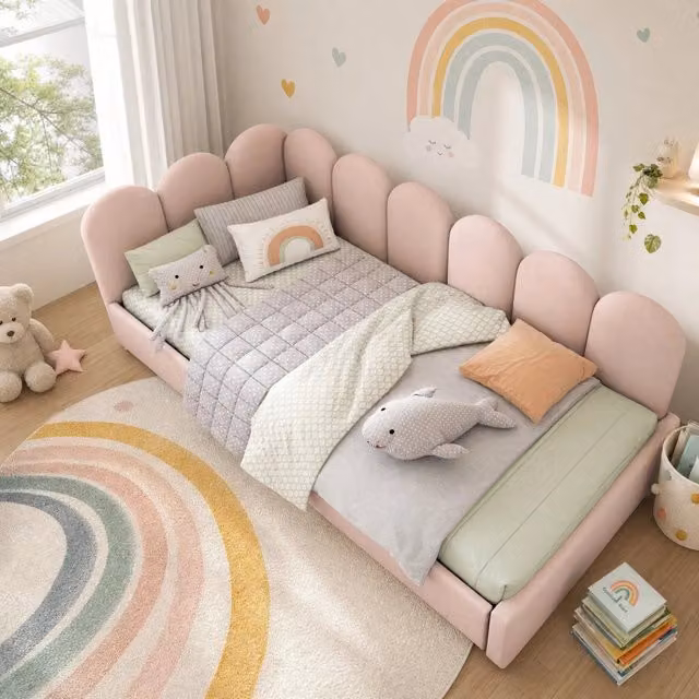 Letto singolo imbottito 90x190 cm in velluto rosa con 2 cassetti e rete inclusa