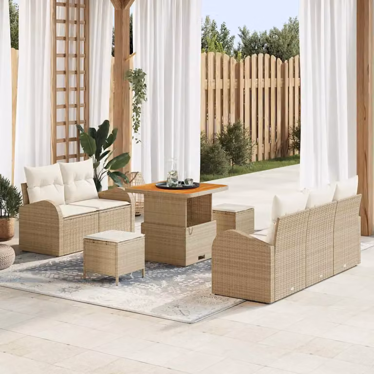 vidaXL Set Divano da Giardino a L 8 pz Beige e Bianco con Cuscini e Tavolino