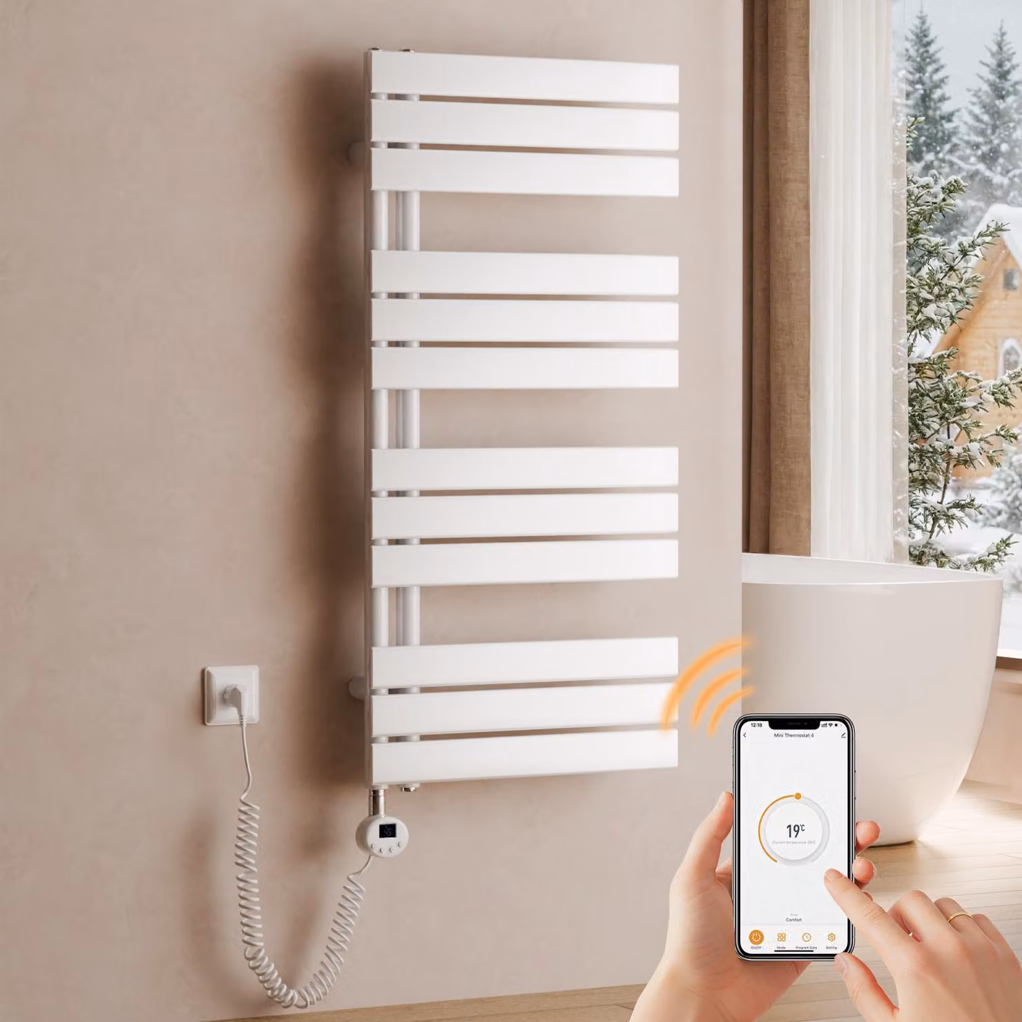 Asciugabiancheria elettrico da parete, dimensioni 1041 x 500 mm, 600 W, bianco, radiatore per bagno con termostato, Wi-Fi, timer programmabile e display LCD – S'AFIELINA