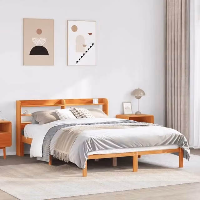 Letto con testiera in legno massello di pino vidaXL colore marrone cera L: 135 cm, P: 190 cm, H: 145 cm – 1